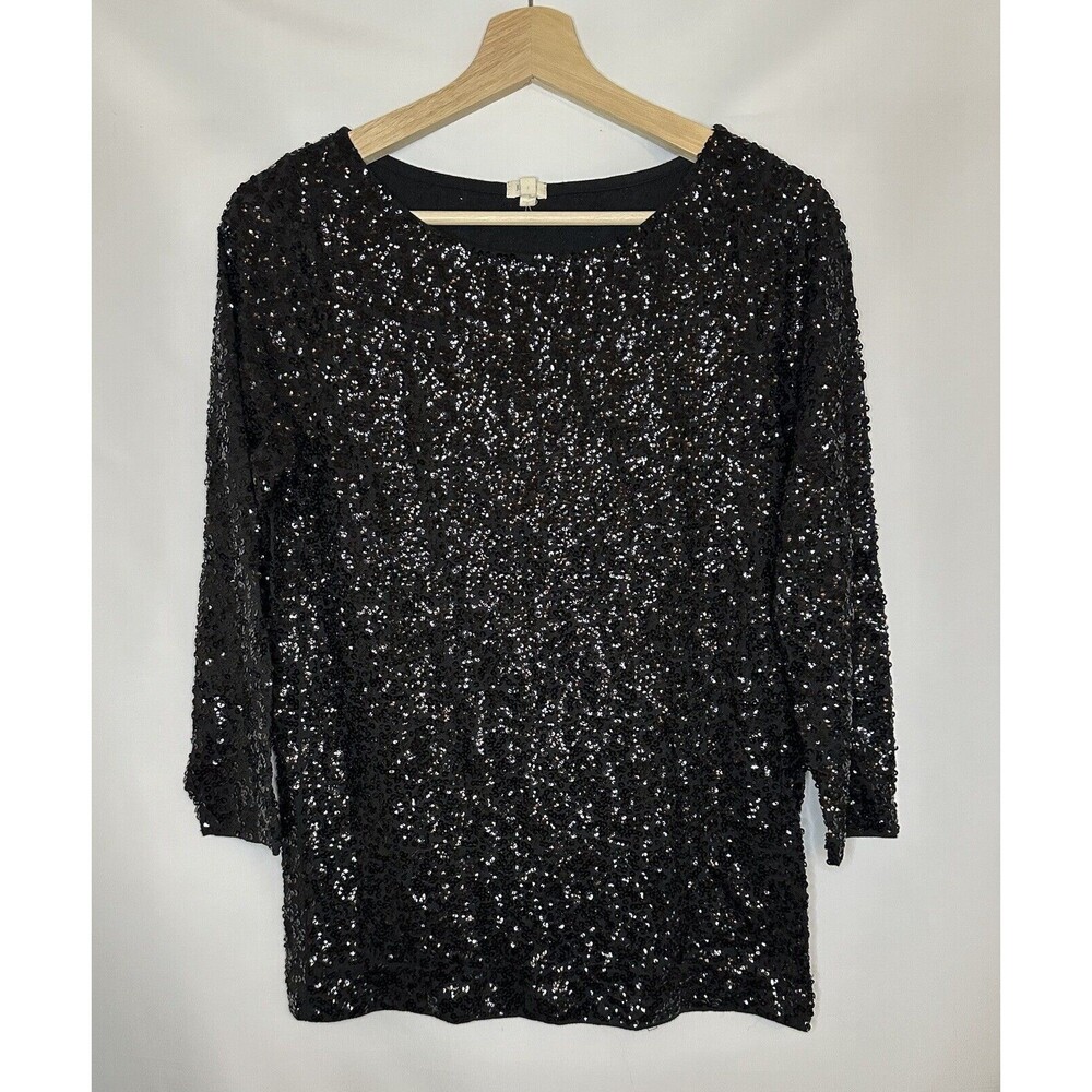 J. CREW Womens Black Sequin‎ Blouse Size S Boatneck 3/4 Sleeve Pullover Glitzy